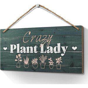 Heuhuww Plant Lover Gifts,Crazy Plant Lady Wood Sign 6x12 Inch Funny Garden